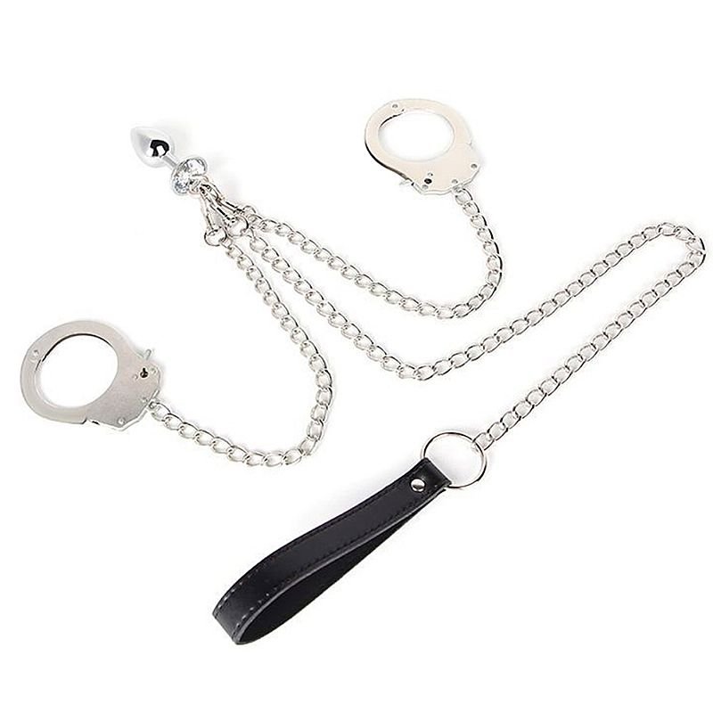 Algema com Plug Anal de Aço com Guia — algema BDSM com conexão para plug